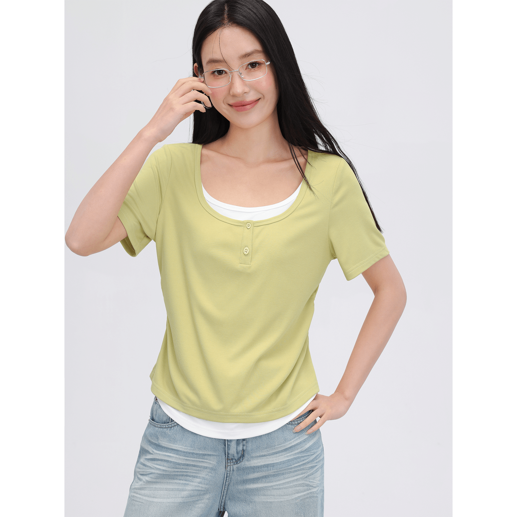 爱蔷薇大码多巴胺正肩短袖绿色t恤女2025新款假两件上衣夏GT77540