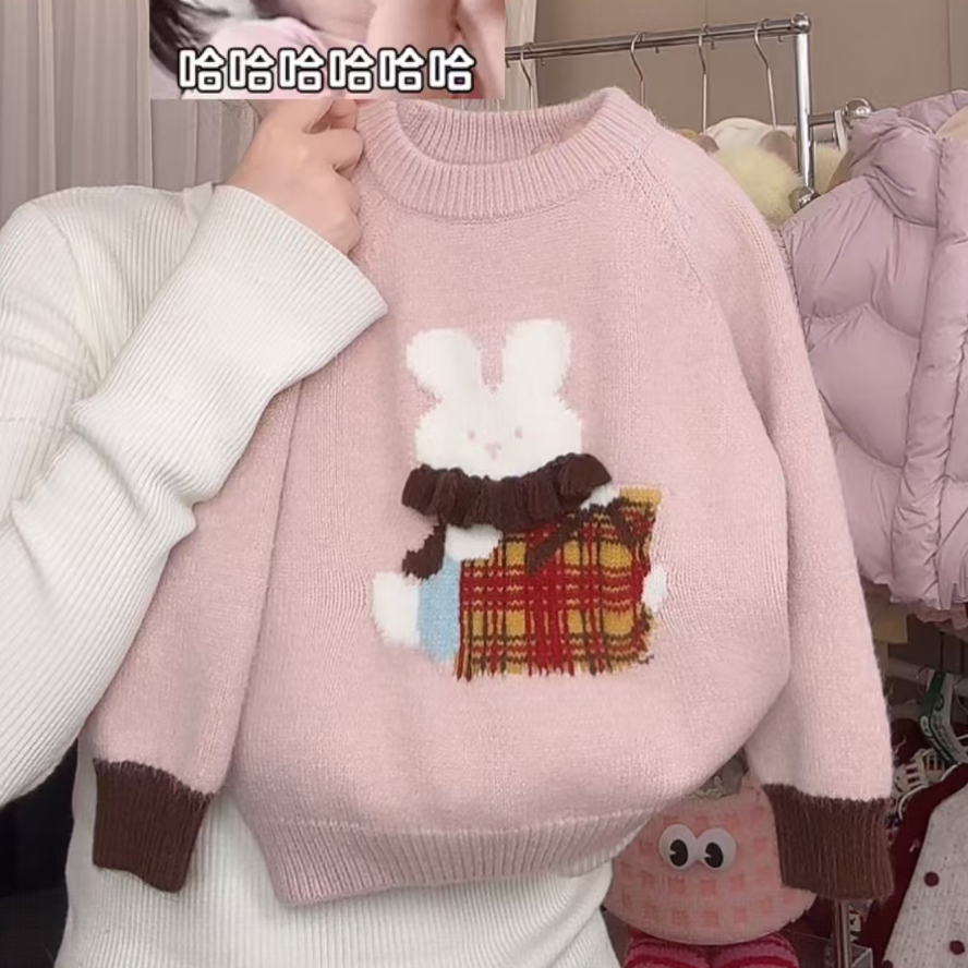女童冬季新款针织衫洋气圆领卡通动物女宝宝百搭休闲保暖毛衣