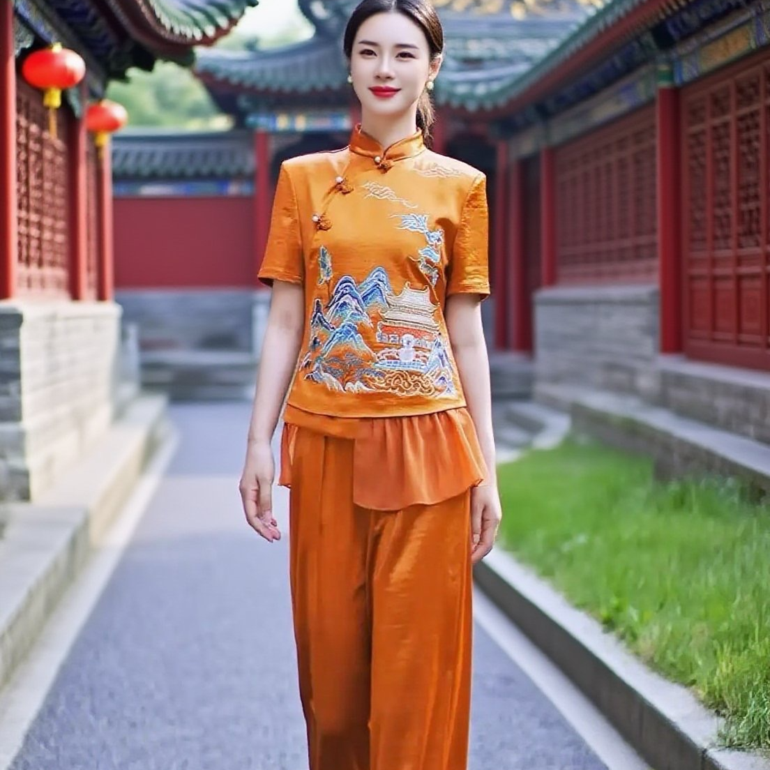 鑫-古韵仙阁-2025夏季新款中式国风刺绣立领短袖套装女-88033