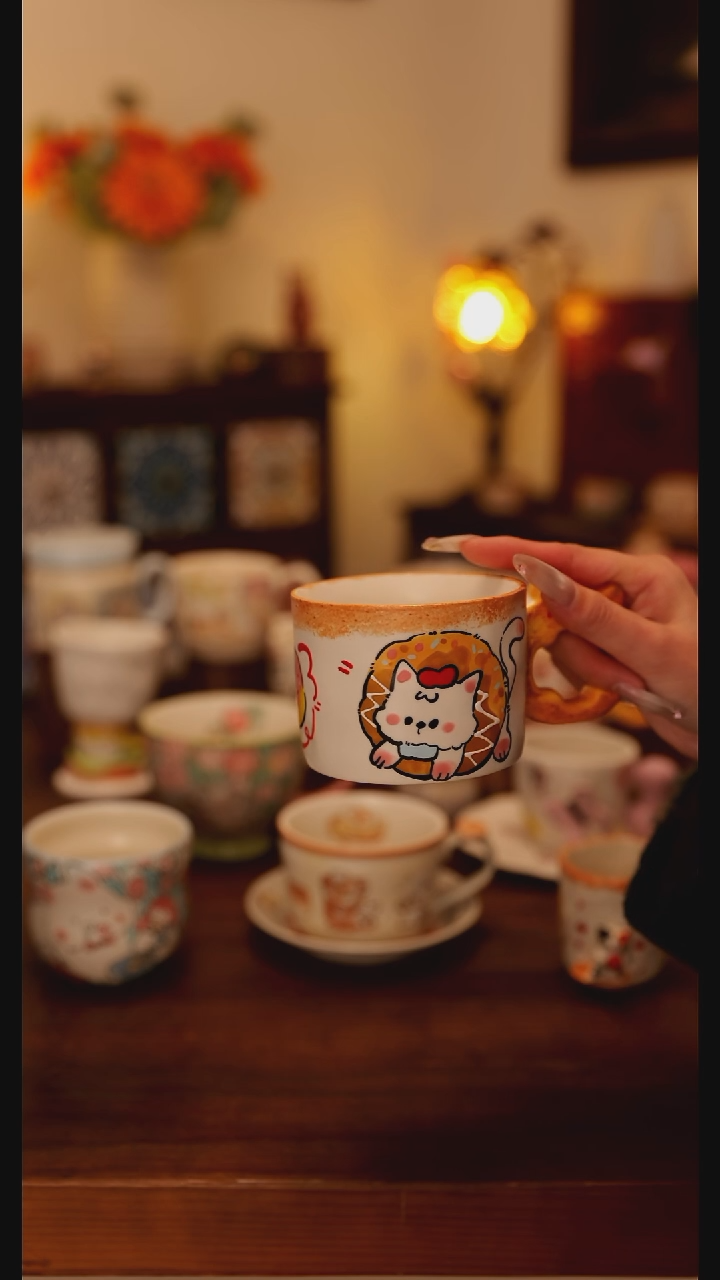 陶瓷手柄款景德镇手作  小猫杯  手绘釉下彩