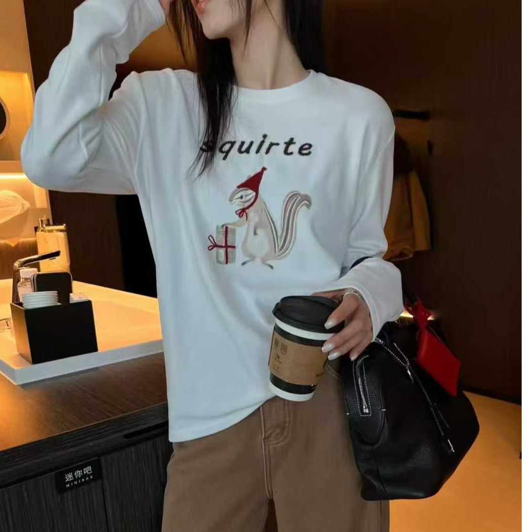 氛围感小松鼠长袖磨毛打底T恤