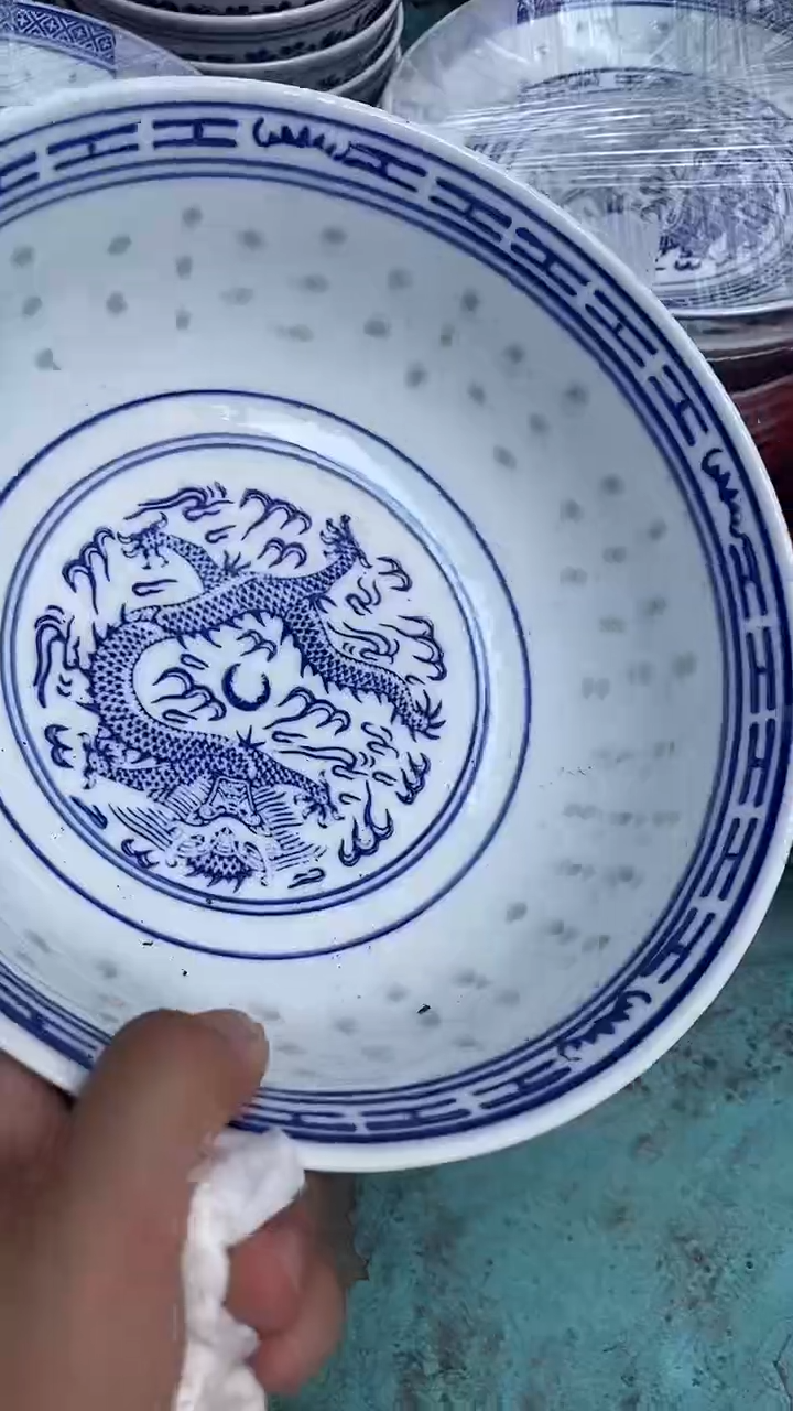 摆件青花玲珑龙纹8寸面碗