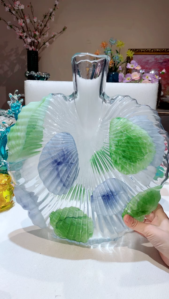 【闪购商品】琉璃手工艺品手绘透明绿叶叶子花瓶 微瑕