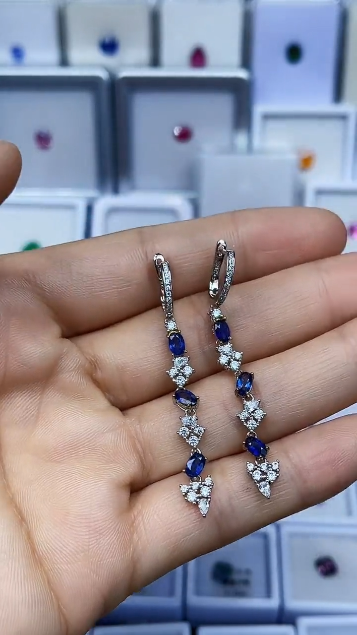 蓝宝石耳饰银S925镶嵌耳坠
