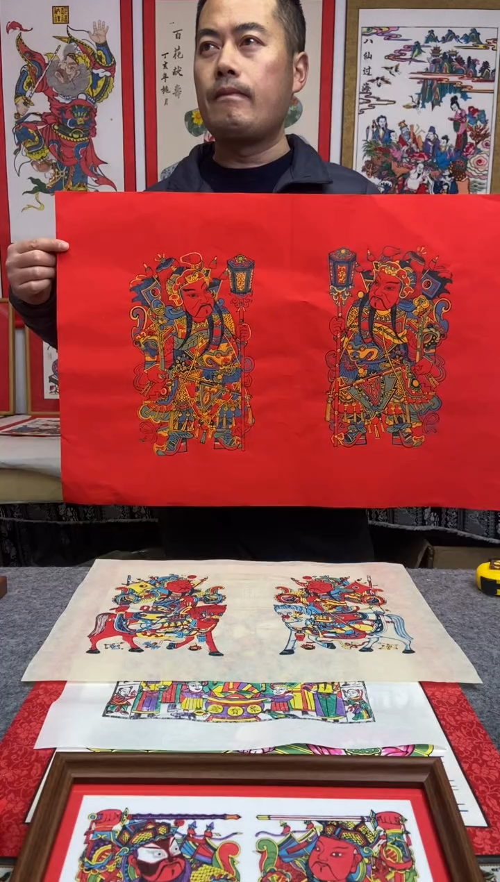 红底神荼郁垒画心手工制作精品