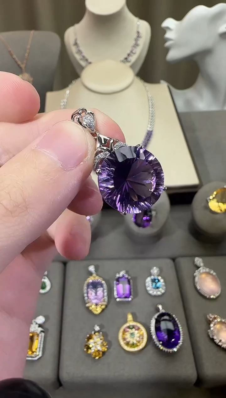 颈饰银S925镶嵌紫晶16mm吊坠简约设计款