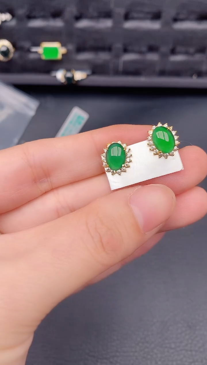 银S925镶嵌翡翠耳饰天然a货翡翠308