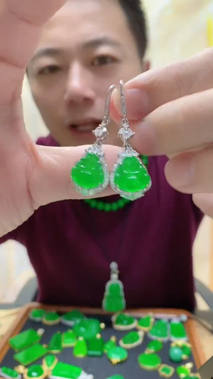 银S925镶嵌翡翠耳饰翡翠耳钩