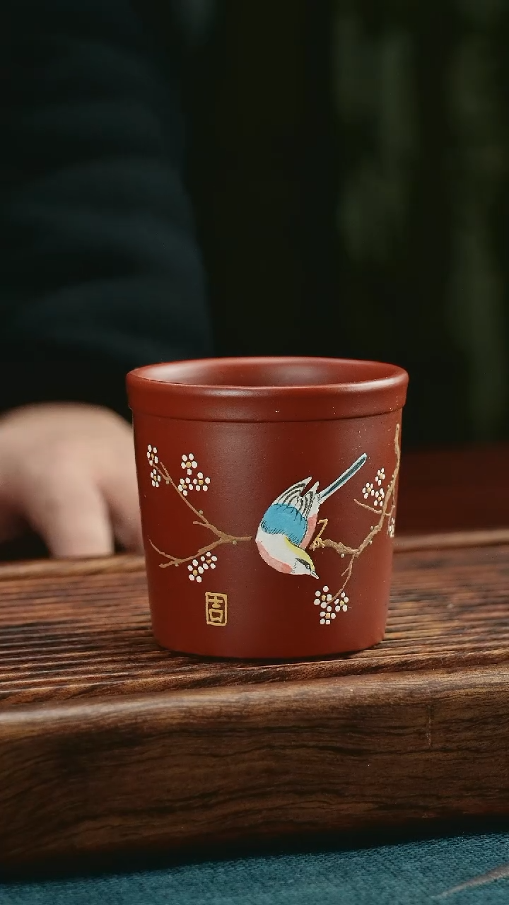 【闪购商品】紫砂茶杯大红袍直筒堆绘花鸟130CC
