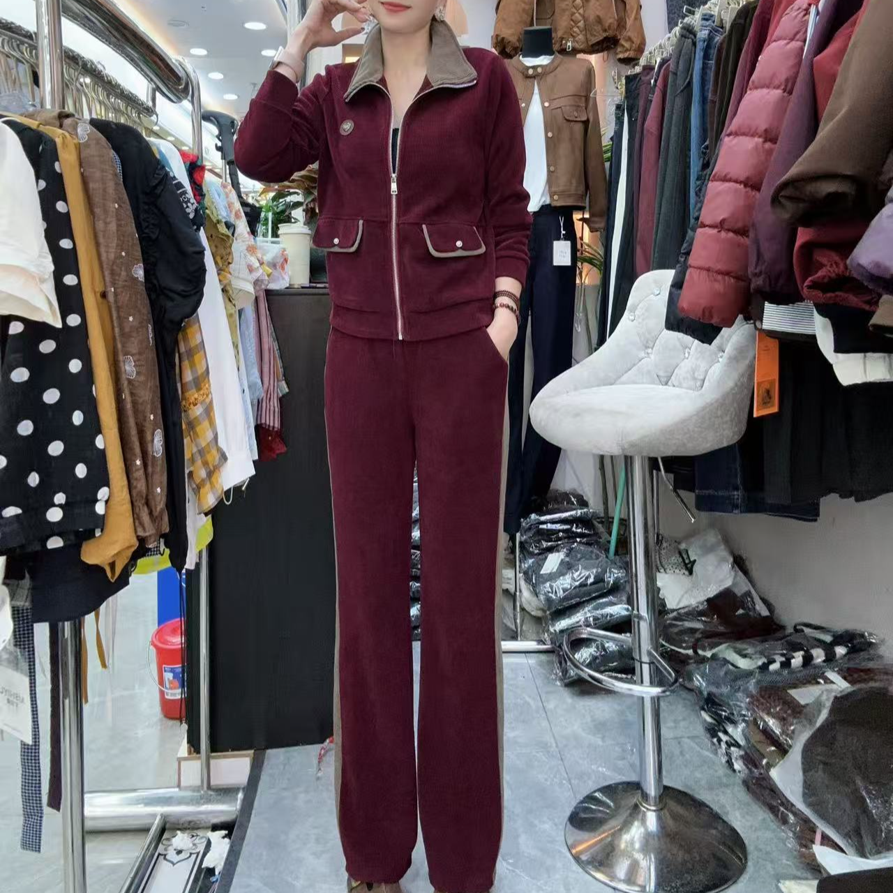 【秀家】秋冬穿搭时尚套装拉链小外套加裤子休闲套装