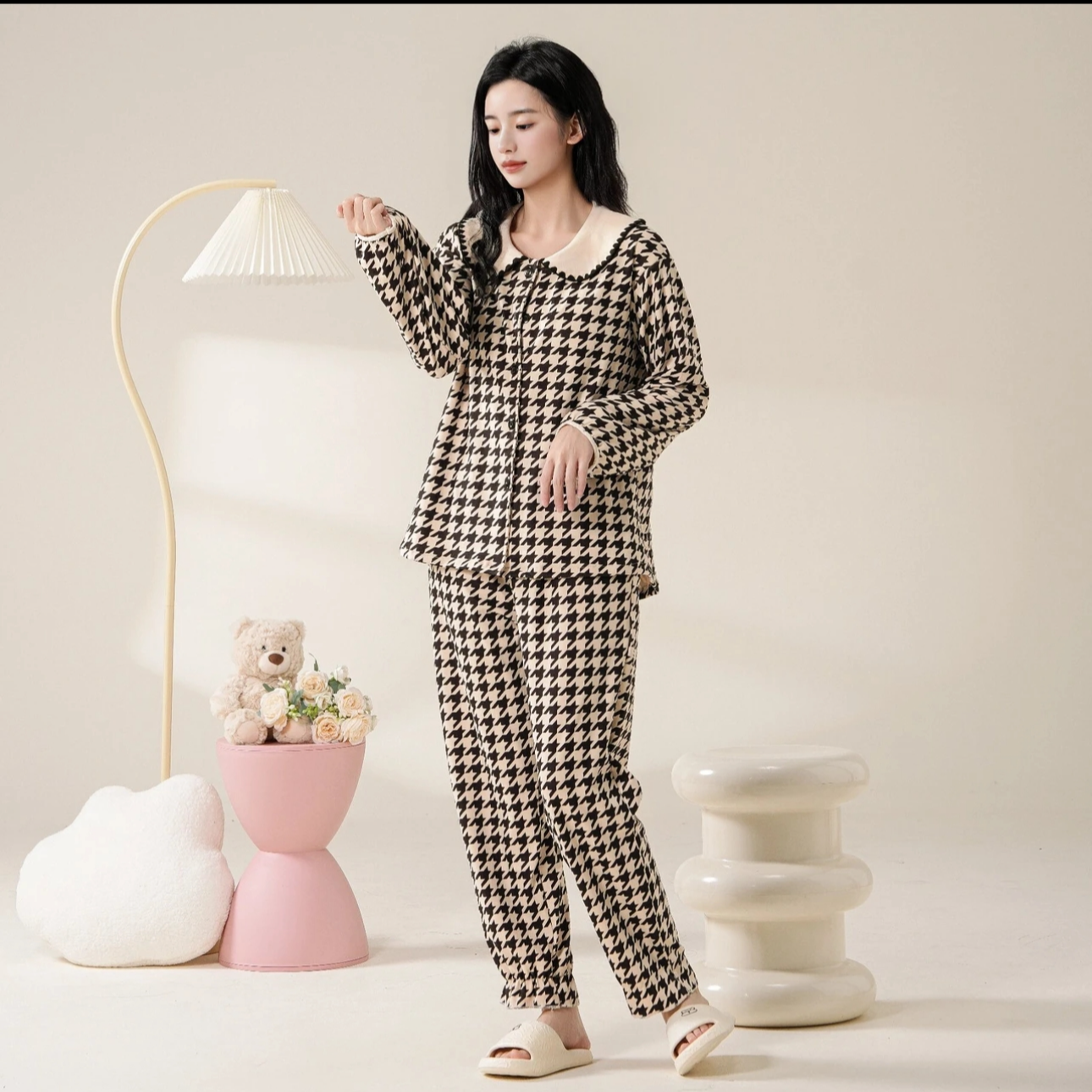 21-秋冬季千鸟格带胸垫开衫可家居可外出套装