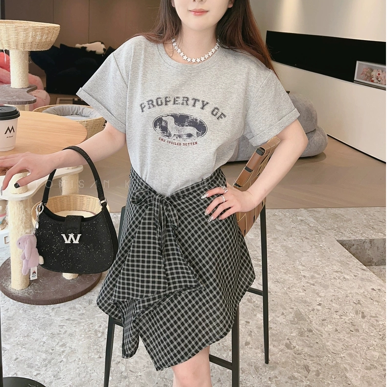 女装25夏 卡通小狗印花T恤裙+复古格纹腰封时尚休闲两件套