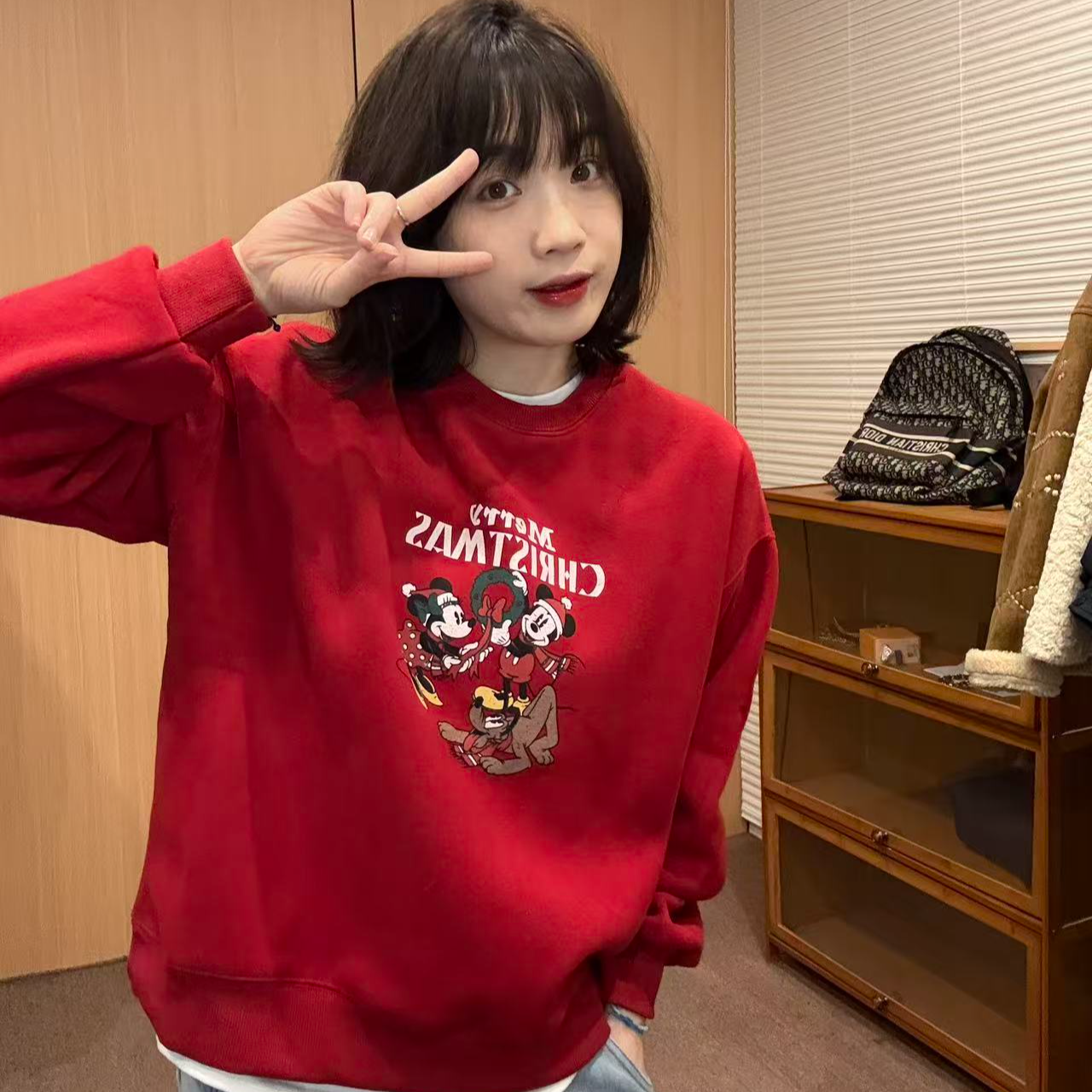 Sevbasks 七七家韩版 圣诞红套头加厚加绒圣诞米奇米尼圆领