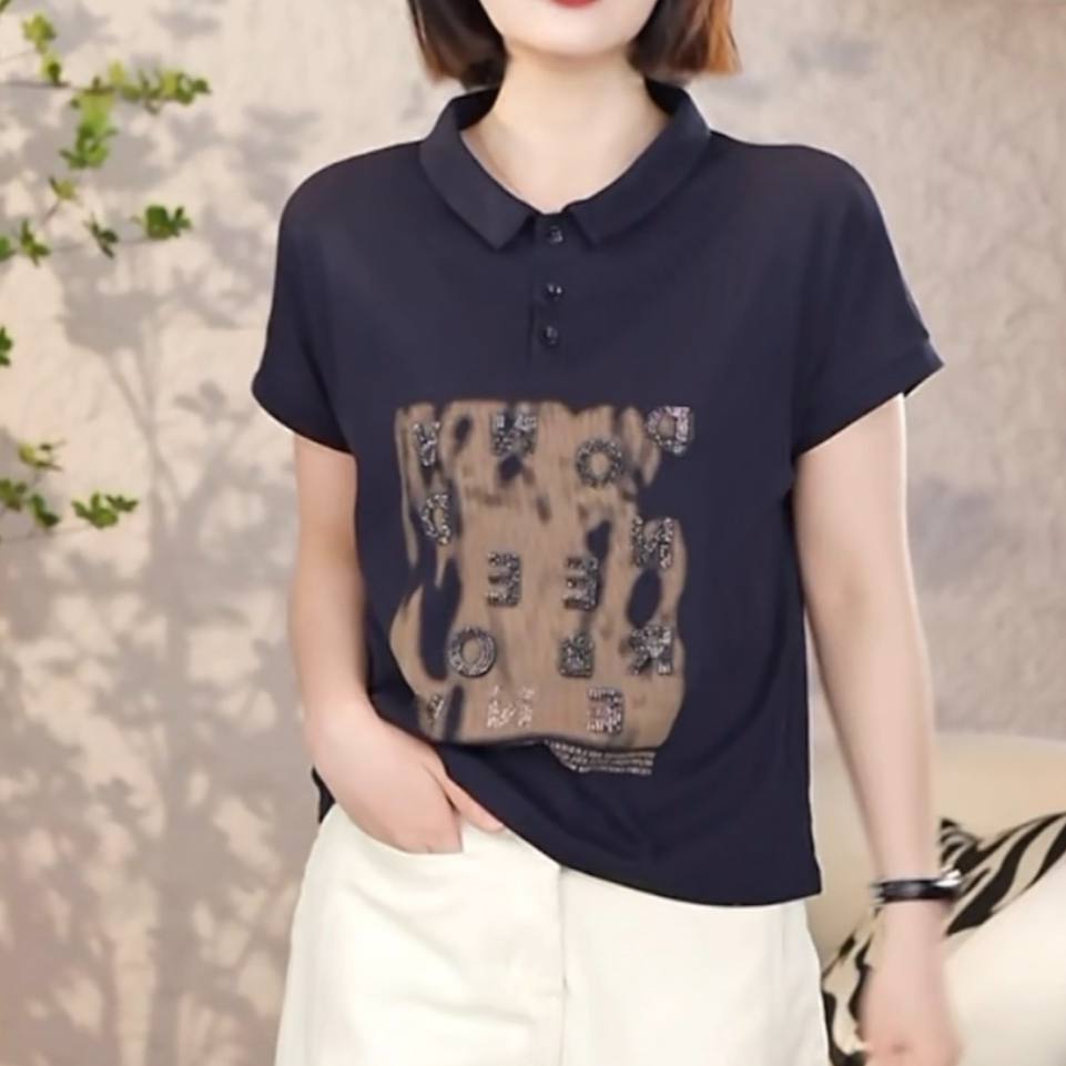 2025夏季新款女POLO领洋气显瘦百搭时尚休闲字母烫钻简约韩版上衣