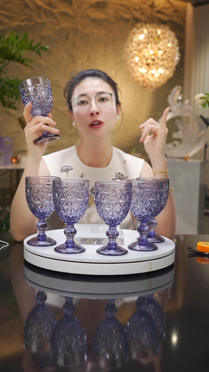 瓷片福利紫色高脚杯一套六只