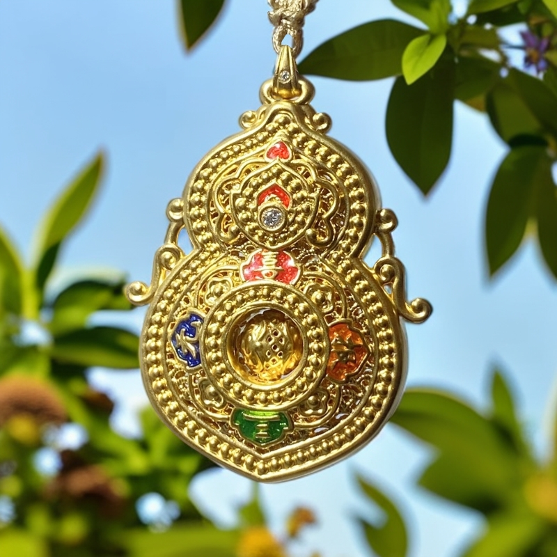 黄金足金999 珐琅彩黄金葫芦吊坠人生四喜吊坠