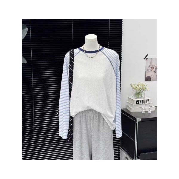 撞色插肩圆领长袖T恤