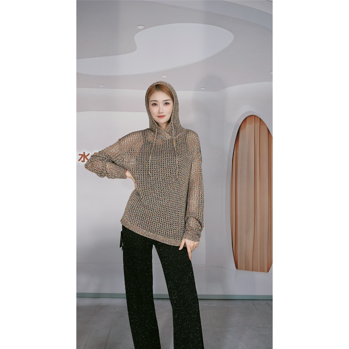 ZHENTISIMAN意大利纱线褛空珍珠纱套头连帽休闲时尚卫衣TA5036