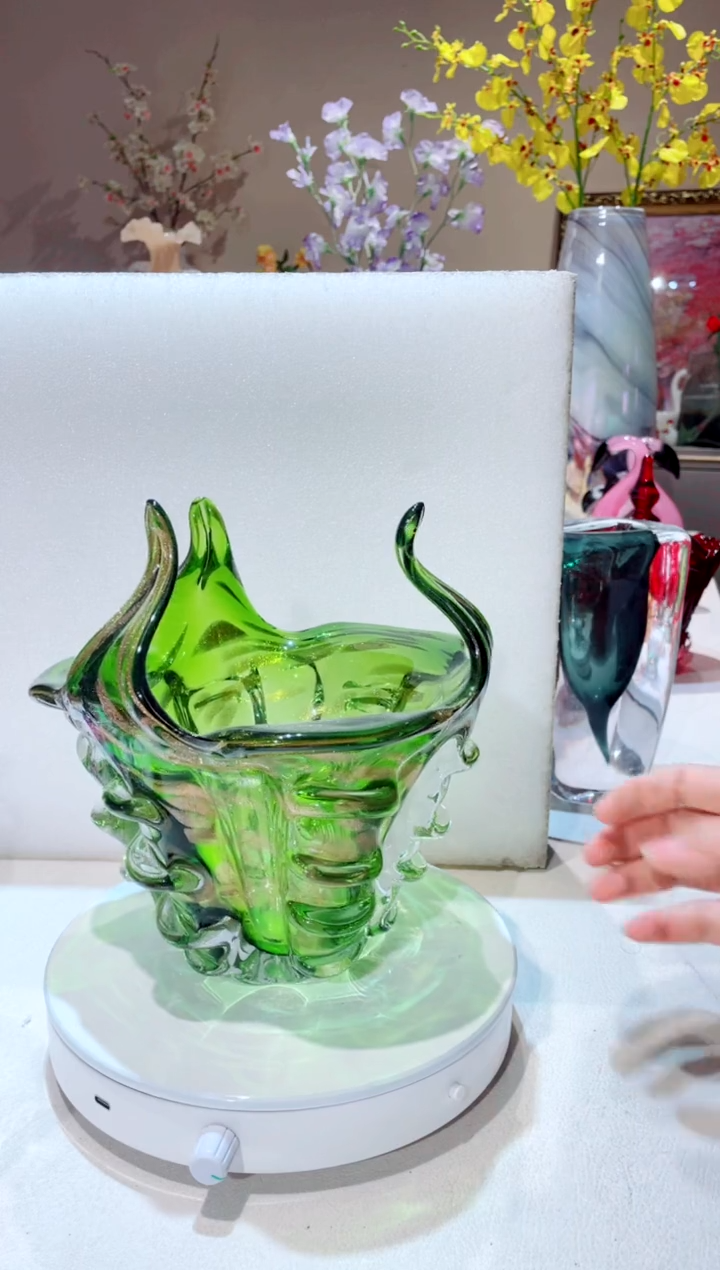 【闪购商品】琉璃手工艺品翡翠绿撒金浮雕果盘  微瑕
