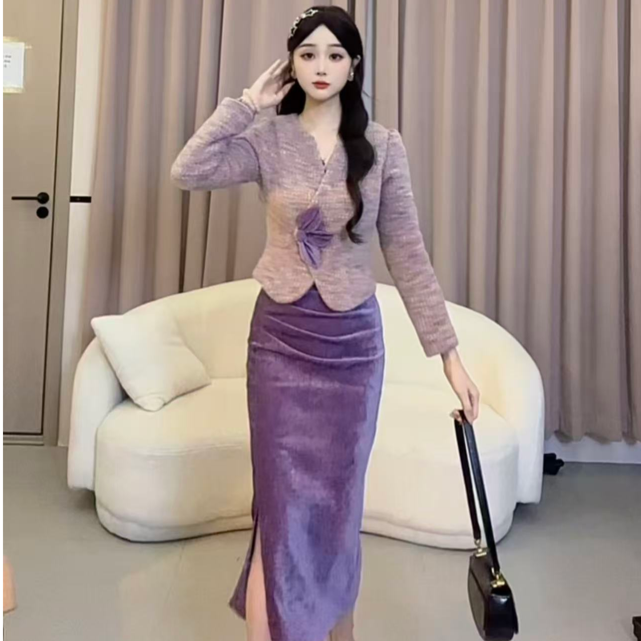 【小米】冬季气质法式女神修身两件套名媛连衣裙YYMZQ53584