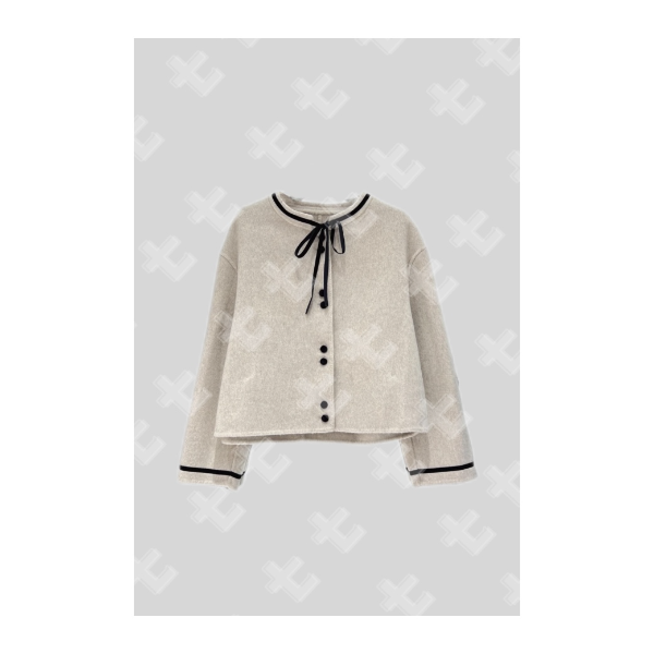 七七【优雅小香】甜美蝴蝶结双面羊毛衣撞色女新温柔风毛呢外套