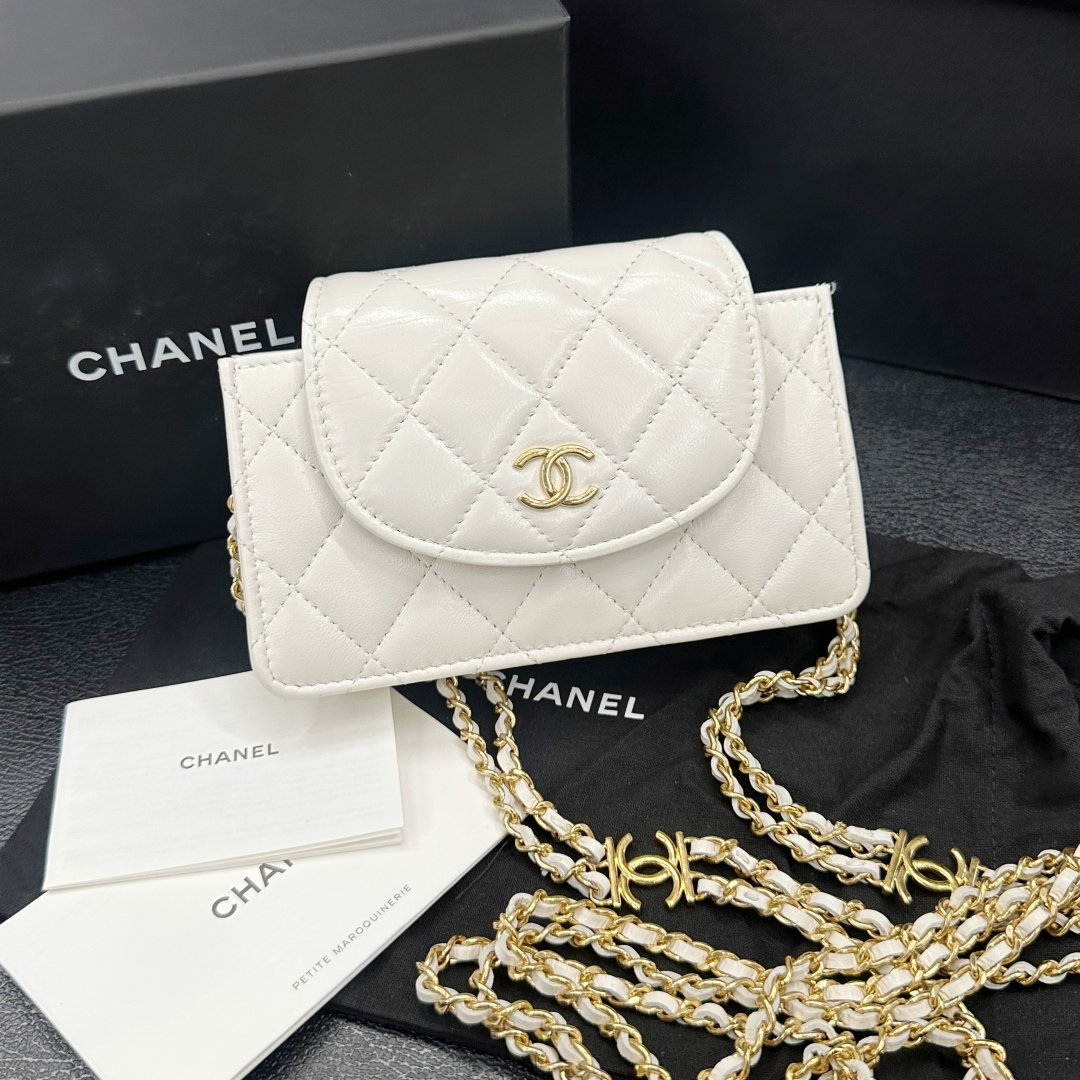 95新 Chanel/香奈儿 22K白色双链条双C woc羊皮链条包 芯片款