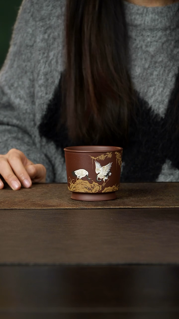 茶杯紫砂杯研所｜容天杯松鹤延年 老紫泥 160cc 宋画之美 