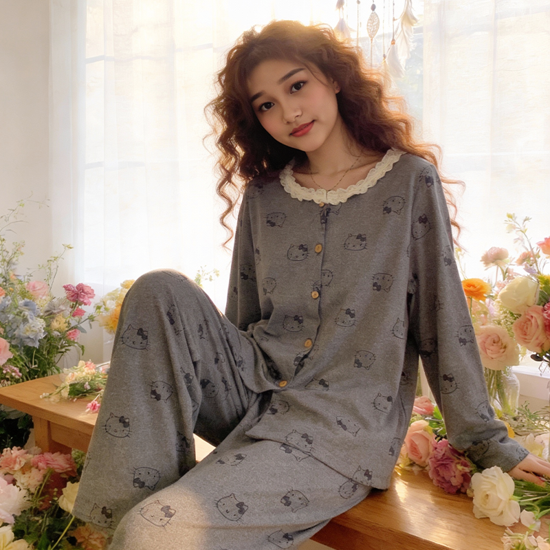 甜美风卡通印花睡衣女蕾丝领开衫长裤可外穿家居服套装