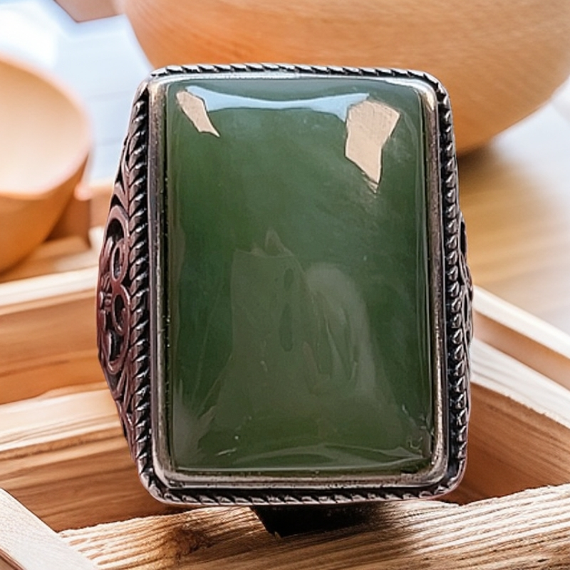 S925银镶嵌天然和田玉碧玉猫眼重工大方戒