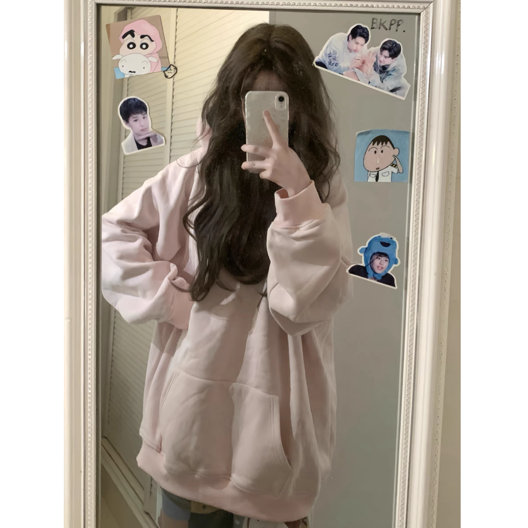 美式重磅粉色套头卫衣女秋季宽松oversize休闲百搭慵懒连帽外套潮