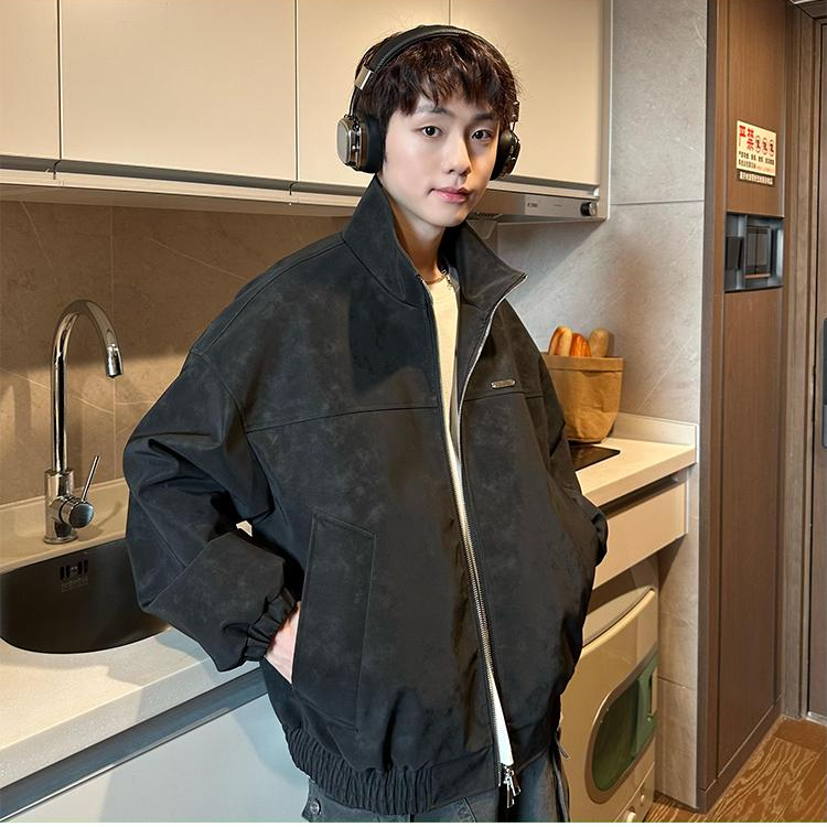 美式复古扎染皮衣外套男款秋季短款立领棒球服cleanfit飞行夹克