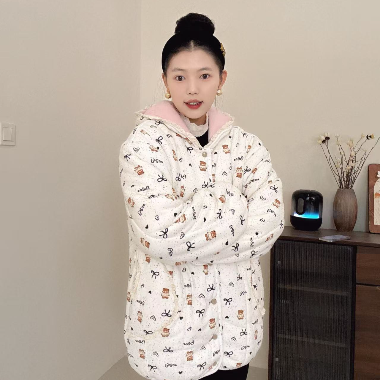 【点点小熊】300g厚连帽蕾丝中长款棉花衣宽松家居服保暖花棉衣棉服