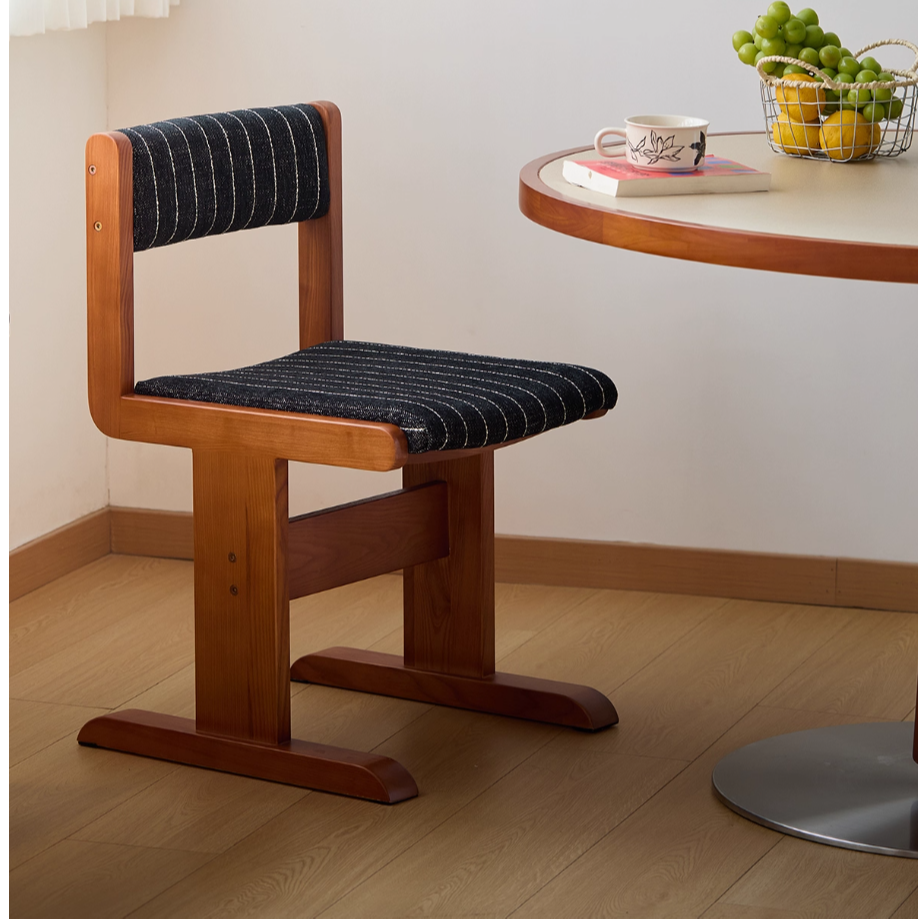 复古风实木餐椅中古风条纹布艺靠背家用书房餐厅休闲椅