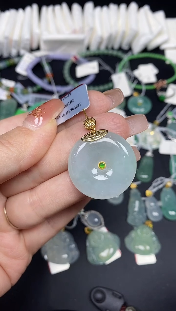 吊坠(不含链)18K金镶嵌翡翠平安扣18K金扣镶嵌@@CMT80