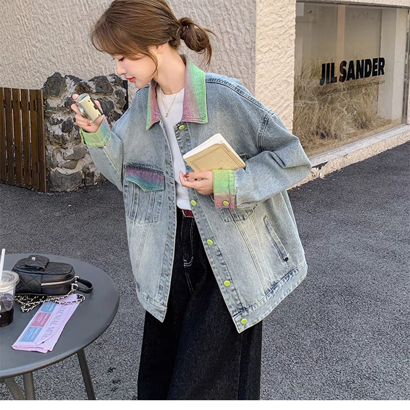 2025春季新款洋气韩版时尚百搭宽松休闲翻领渲染渐变色牛仔外套