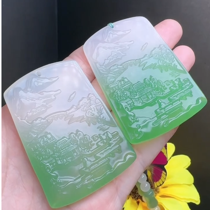 S7401【任会长珠宝】玄冰青碧山水玛瑙吊坠-配珠链-多样性只发一件