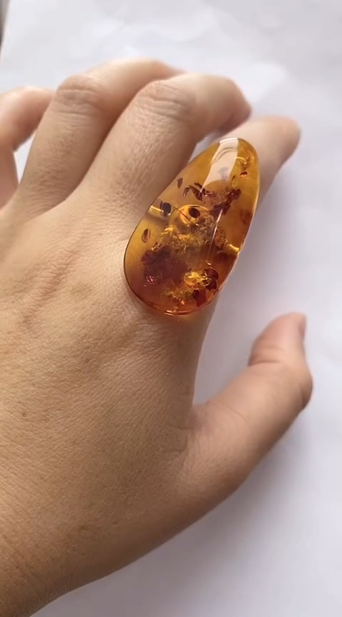 【闪购商品】琥珀裸石银S925镶嵌花珀戒指