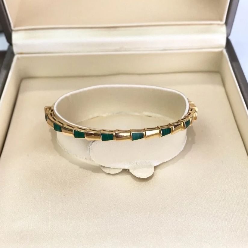 99新 BVLGARI/宝格丽 欢欢活动 蛇骨 手镯 孔雀石 18K玫瑰金 M