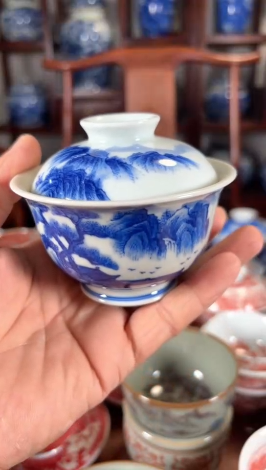 柴窑青花山水两才盖碗