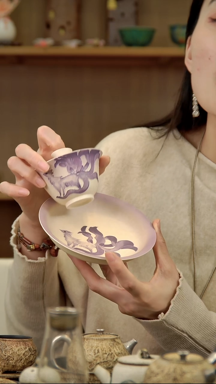 言野手作 点彩紫月三才盖碗