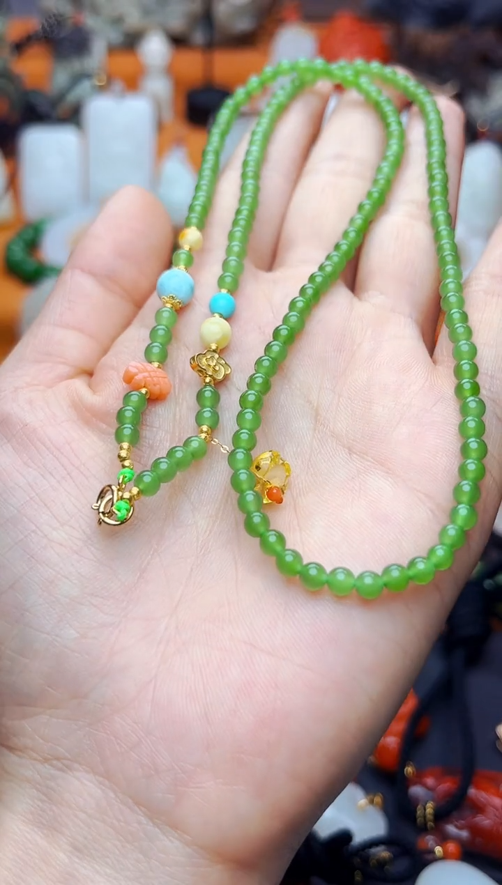 【闪购商品】和田玉颈饰18K金镶嵌碧玉万能链