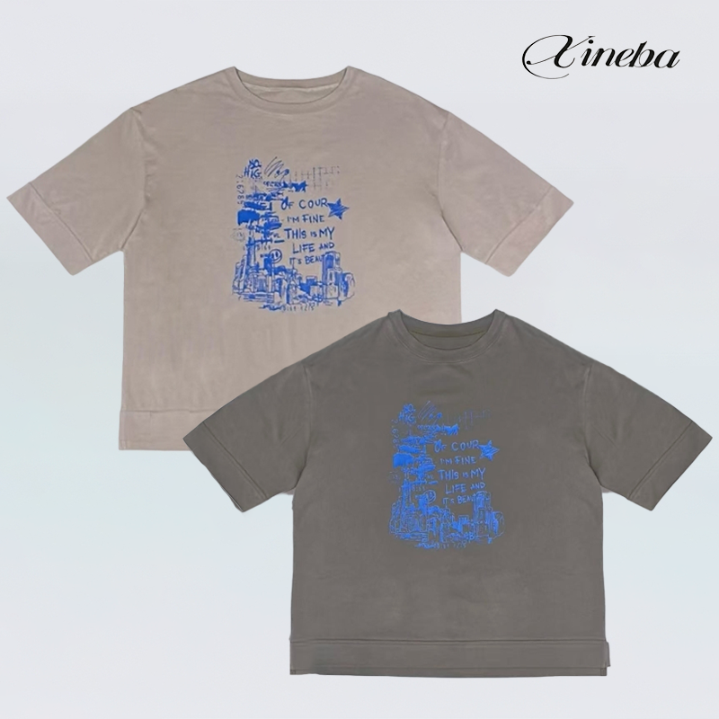 【xineba2】韩国女士蓝色印花圆领轻薄短袖透气时尚洋气舒适百搭