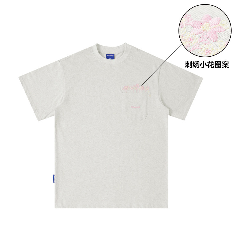 WASSUP潮牌刺绣小花T恤短袖男女夏季新款重磅纯棉圆领上衣情侣装
