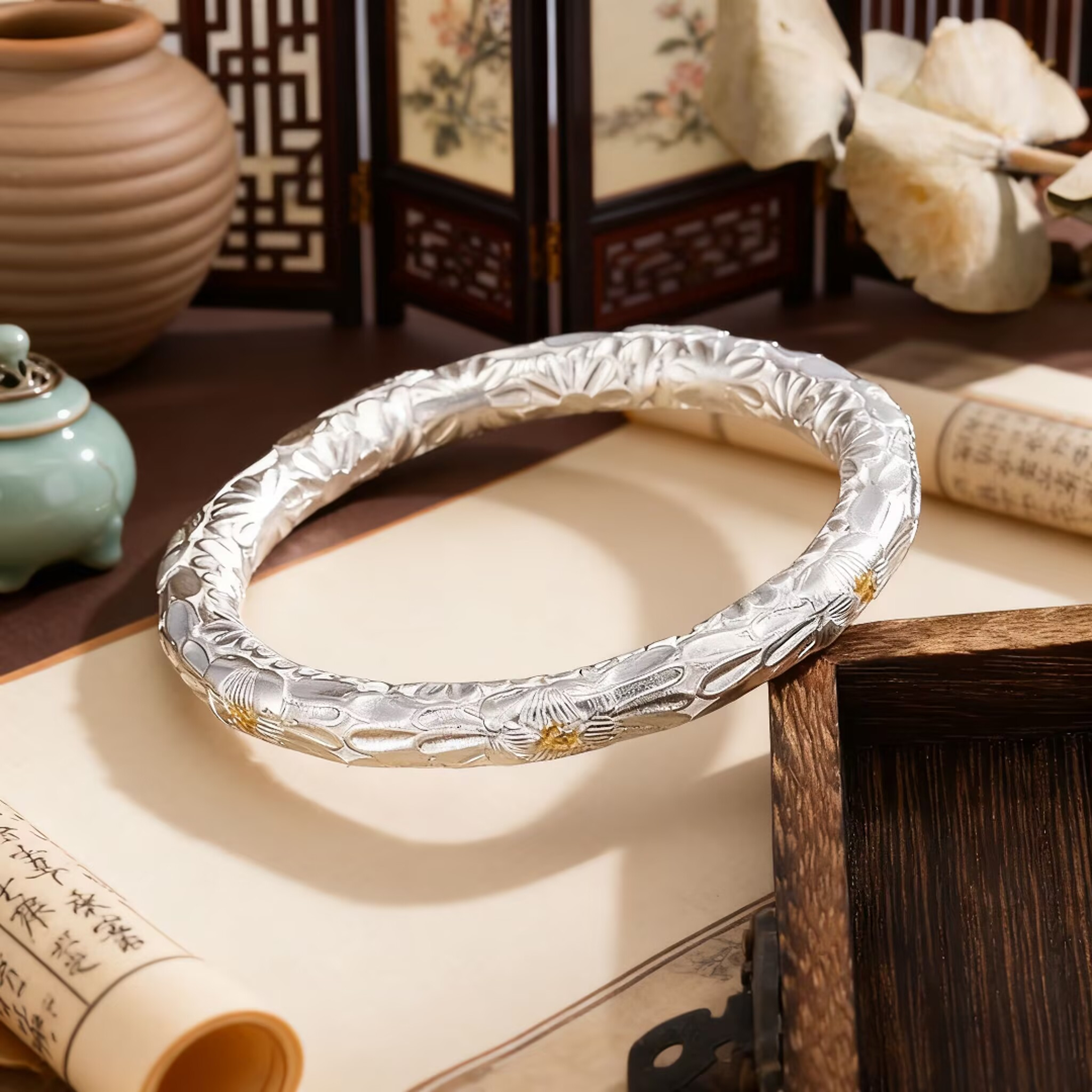 999.9 银【03】新中式复古精致手工点金牡丹镯情人节送女朋友礼物