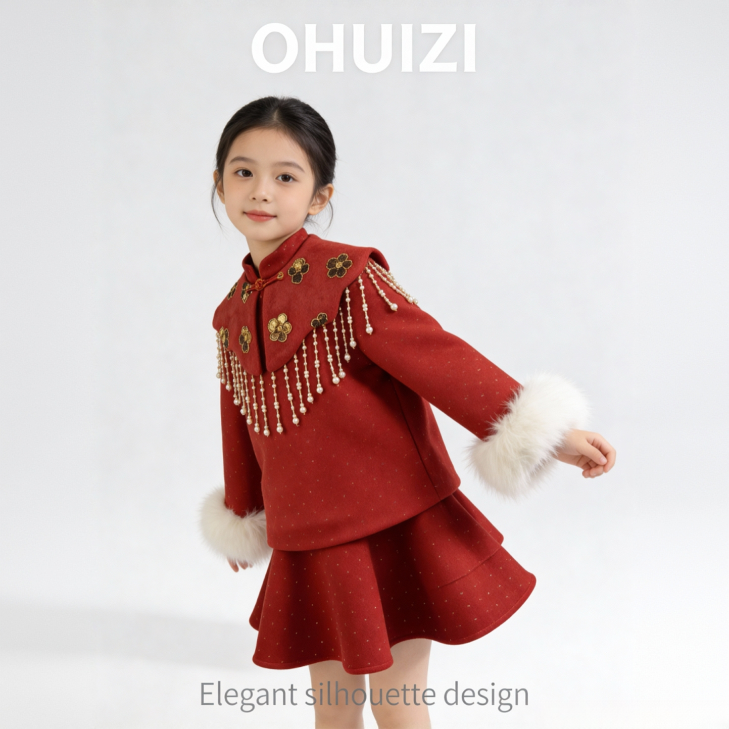 OHUIZ【花未眠】设计师童装小香风套装毛呢加棉红色拜年流苏披肩
