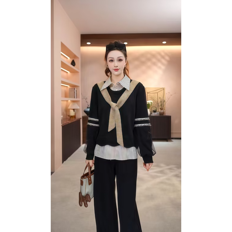 【MM.Studio】冬季时尚显瘦百搭拼接围巾假两件卫衣套装-MM100