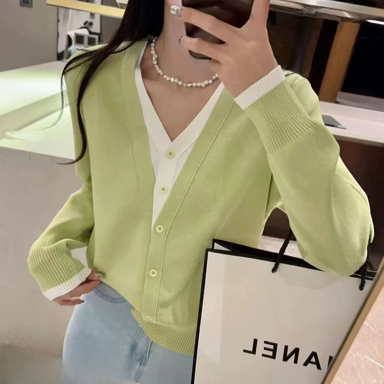 重磅桑蚕丝！假两件羊毛针织开衫修身百搭洋气毛衣21518（C5-4）