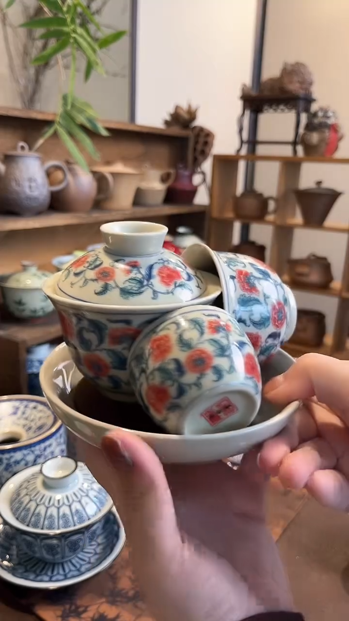 【闪购商品】其他釉里红牡丹三才盖碗+大压手+小缸杯