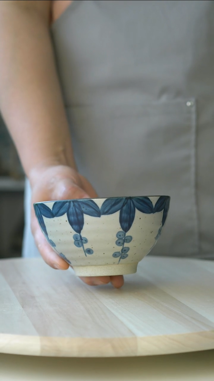 陶瓷青花手作葡萄藤12cm米饭碗@4-2@