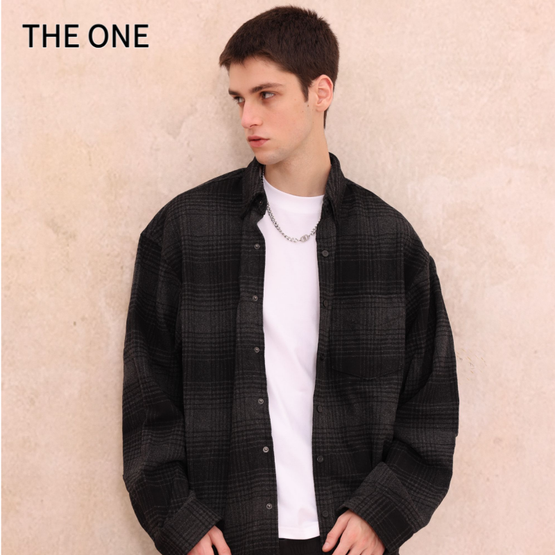 THE ONE 【巴黎羊毛对点定格】25ss潮牌早春款黑灰格纹休闲廓形衬衫